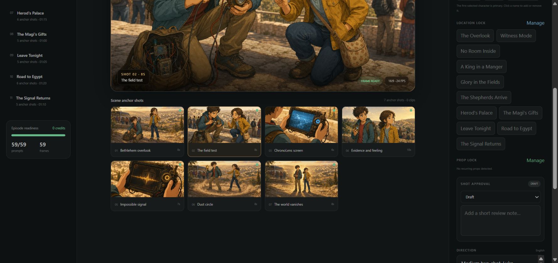 Plotplume production board showing a scene, storyboard frames, and continuity controls
